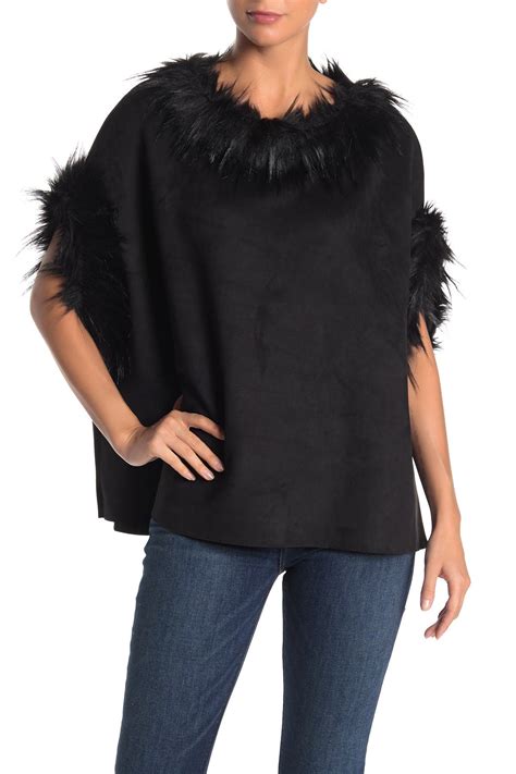 Love Token Faux Fur Trimmed Poncho In Black Modesens