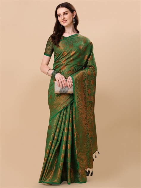 Jacquard Green And Golden Wedding Wear Banarasi Nylon Soft Silk Saree