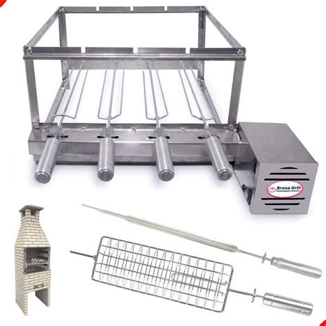 Kit Grill Inox Gira Espetos Churrasqueira Pr Moldada Cm Brasa