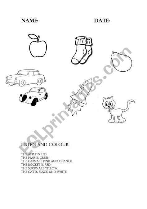 English Worksheets Listen And Colour