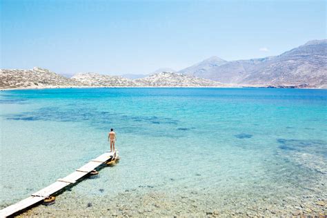 Greece Cyclades Islands Amorgos Aegean Sea Naked Man Standing On