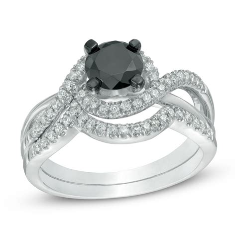 1 1 5 Ct T W Enhanced Black And White Diamond Swirl Bridal Set In 10k White Gold Zales