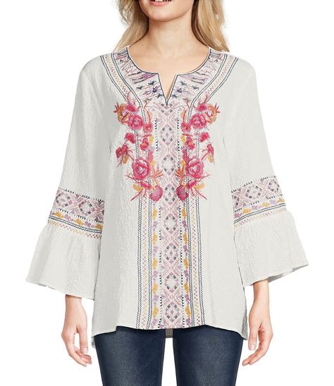 Calessa Split Neck Embroidered Tie Detail 3 4 Bell Sleeve Tunic Dillards