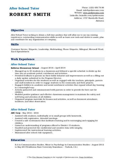 After School Tutor Resume Samples Qwikresume