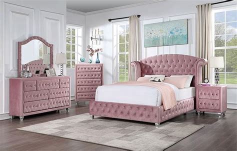 Zohar Velvet Crystal Button Tufted Bedroom Collection (Pink) – Fully ...