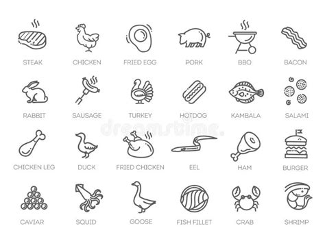 Meat Poultry Fish And Eggs Minimal Thin Line Web Icon Set Stock