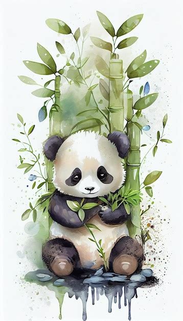 Una Pintura De Acuarela De Un Panda Sentado En Un Bosque De Bamb