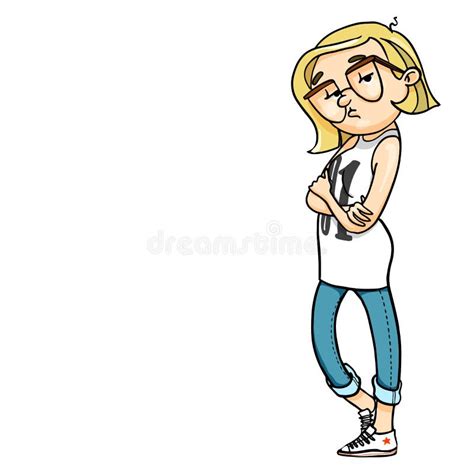 Bored Cartoon Girl Standing With Crossing Arms Over Her Chest Vector