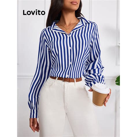 Lovito Blusa casual listrada estrutura e botão frontal para