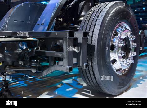 Closeup Detail Of An Alcoa Chrome Wheel On A Raw Bus Chassis On