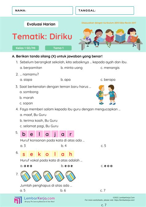 Ulangan Harian Tematik Kelas 1 SD Tema 1 LembarKerja