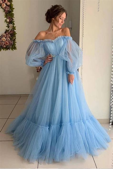 2019 New Light Blue Long Sleeves Off Shoulder Prom Dresses Formal