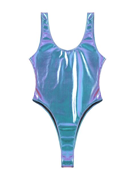 Tiaobug Womens Shiny Metallic One Piece Bikinis Swimsuit Wetlook Thong Leotard Bodysuit Swimwear