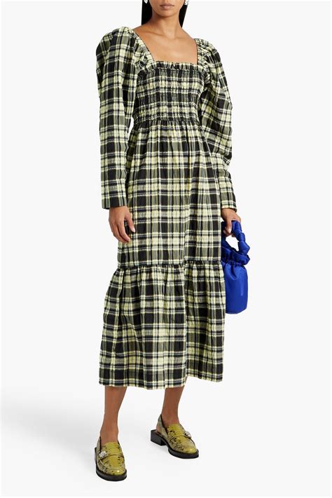 Ganni Shirred Checked Cotton Blend Seersucker Midi Dress The Outnet