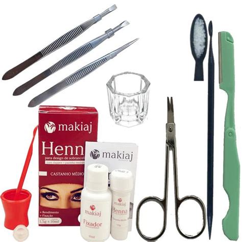 Kit Sobrancelha Makiaj Henna Fixador Rena Navalha E Tesoura