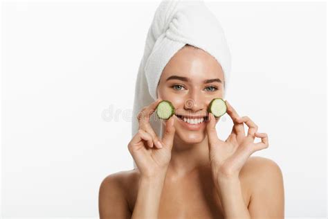 Close Up Beauty Portrait Of A Smiling Beautiful Half Naked Woman With A Towel Wrapped Around Her