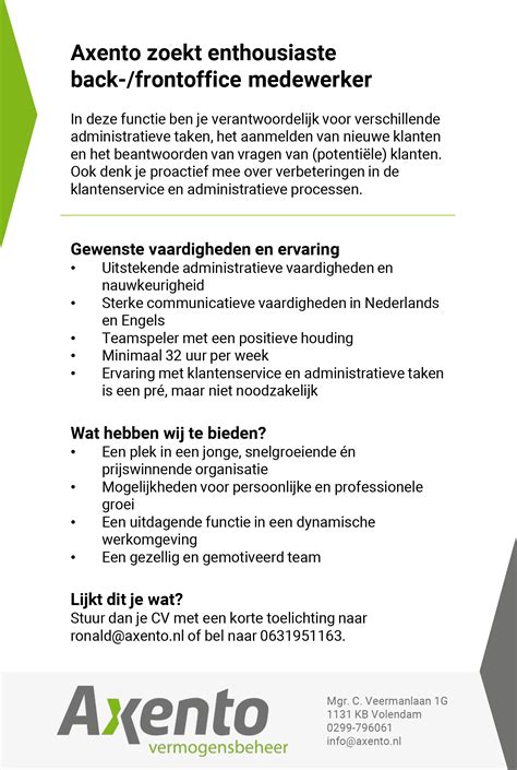 Vacature Axento Back Frontoffice Medewerker Nieuw Volendam