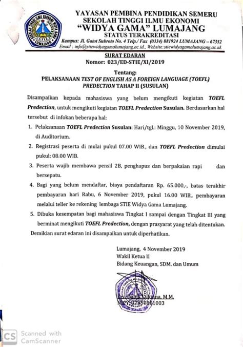 Surat Edaran Pelaksanaan Toefl Prediction Tahap Ii Susulan