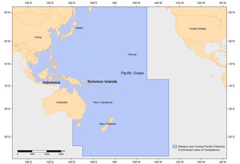 Map of the Pacific Ocean showing boundaries of the Western and Central ...