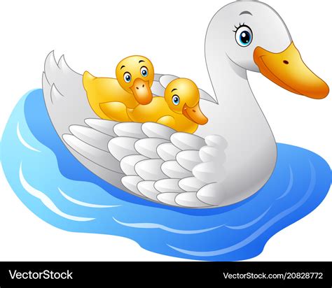 Cartoon mother duck with baby duck floats on water