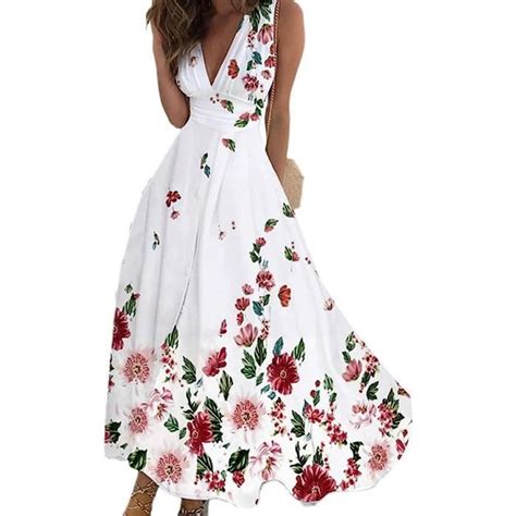 Robe Longue Femme Floral Sans Manches Col V Robe Robe Sexy Casual Blanc