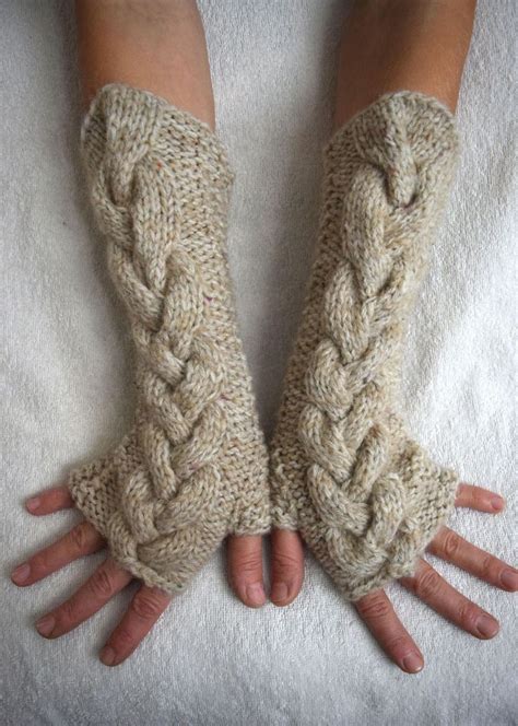 Cream Beige Fingerless Gloves Winter Mittens Cabled Hand Knitted Soft