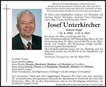 Traueranzeigen Von Josef Unterkircher Trauer Bz