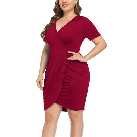 Aiyino Womens Plus Size Short Sleeve Deep V Neck Bodycon Wrap Dress