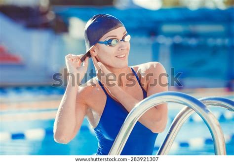 Portrait Young Woman Goggles Swimming Cap Stock Photo Edit Now 283921307