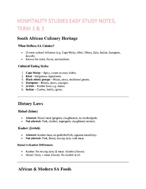 HOSPITALITY STUDIES TERM 1: SOUTH AFRICAN CULINARY HERITAGE NOTES - Studocu