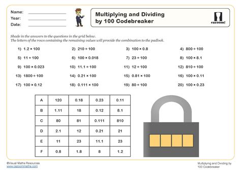 Multiply And Divide By 100 Codebreaker Worksheet Pdf Printable Number