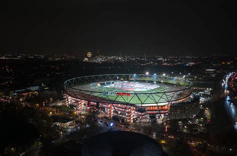 Aerial Night Panorama View Of The Illuminated Bayarena Stadium Before ...