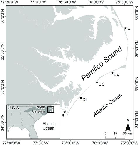 Map showing the location of the study area, Pamlico Sound, within the... | Download Scientific ...