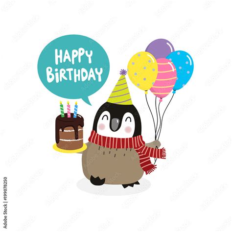 Happy Birthday Greeting Card With Cute Penguins Vector Illustration