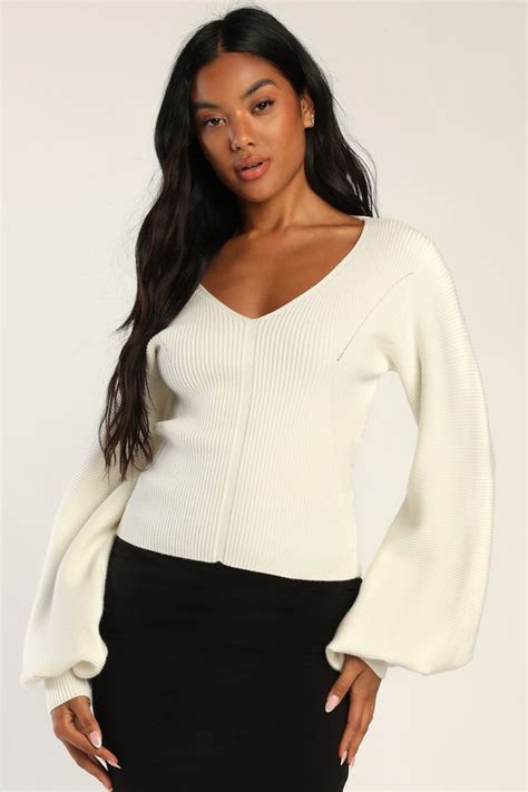 Ivory Sweater Balloon Sleeve Sweaters Ribbed Knit Sweater Lulus