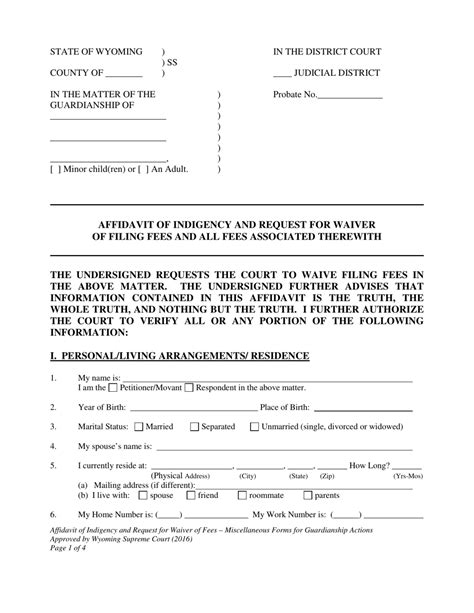 Wyoming Affidavit Of Indigency And Request For Waiver Of Filing Fees