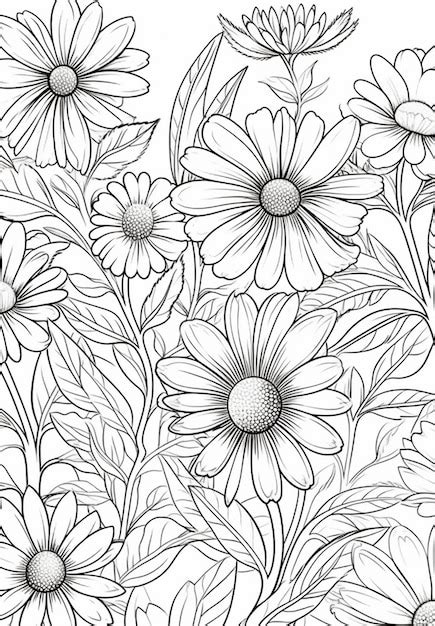 Un Dibujo En Blanco Y Negro De Flores Con Hojas Generativas Ai Foto