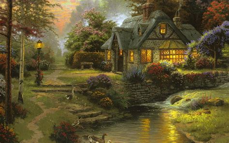 By Thomas Kinkade Art Cottage Painting Nature Thomas Kinkade Hd