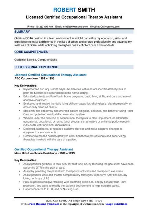 Certified Occupational Therapy Assistant Resume Samples Qwikresume