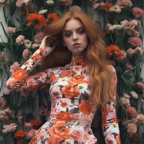 Premium Ai Image A Woman In A Floral Dress With Orange Flowers On The Left Side