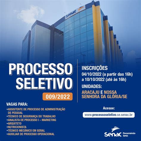 Senac Se Abre Processo Seletivo Para Vagas Em Aracaju E Nossa Senhora