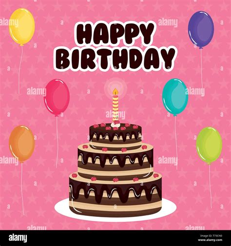 Happy Birthday Card Sweet Cake And Candle With Balloons Helium Vector