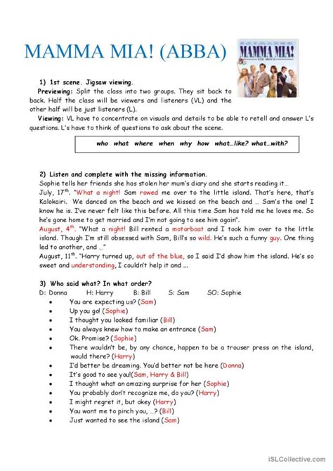 Mamma Mia Song And Nursery Rhym English Esl Worksheets Pdf Doc