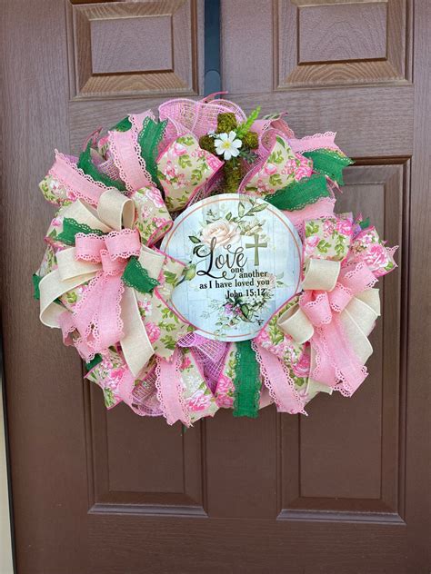 Pink Deco Mesh Wreath With Love One Another As I Have Loved You Sign