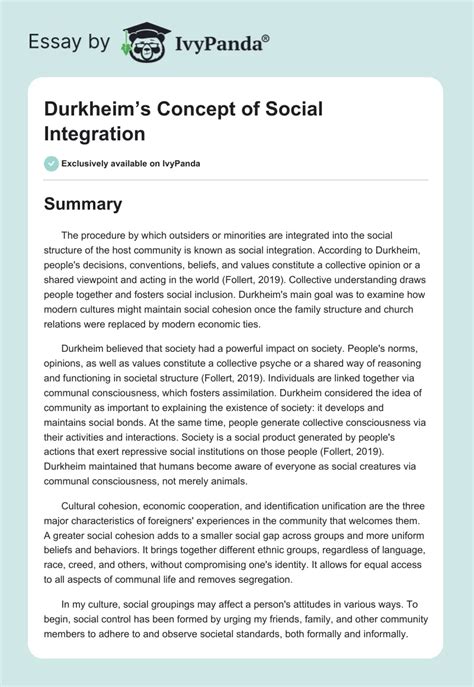 Durkheim S Concept Of Social Integration 2741 Words Essay Example