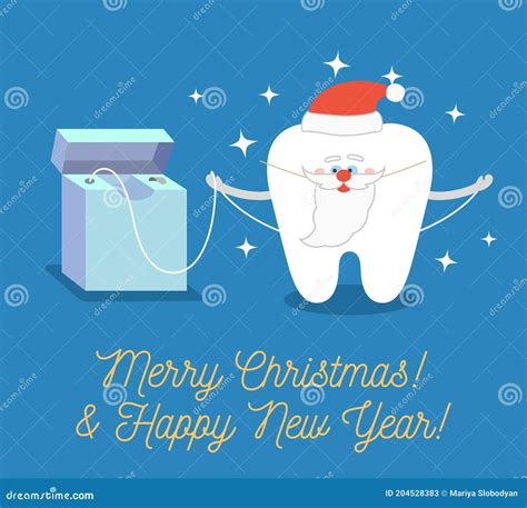 Tooth is Wearing in Santa Claus Costume with Dental Floss. . Stock