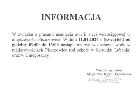 Informacja związana z pracami usunięcia awarii sieci wodociągowej w