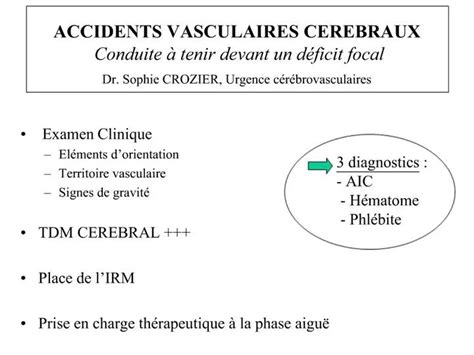 PPT ACCIDENTS VASCULAIRES CEREBRAUX Conduite Tenir Devant Un D Ficit