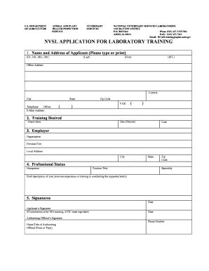 Fillable Online Aphis Usda NVSL APPLICATION FOR LABORATORY TRAINING