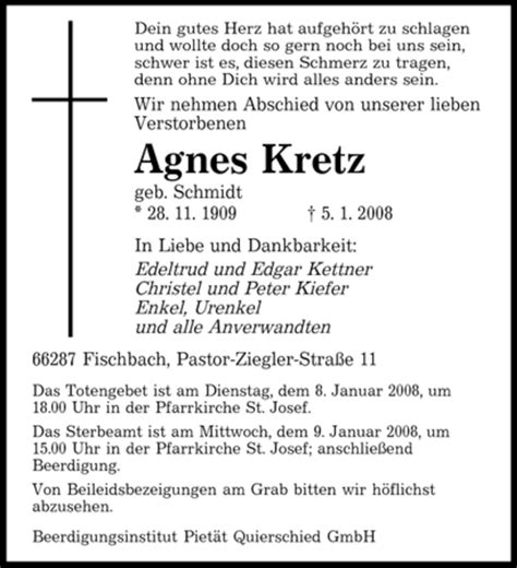 Traueranzeigen Von Agnes Kretz Saarbruecker Zeitung Trauer De